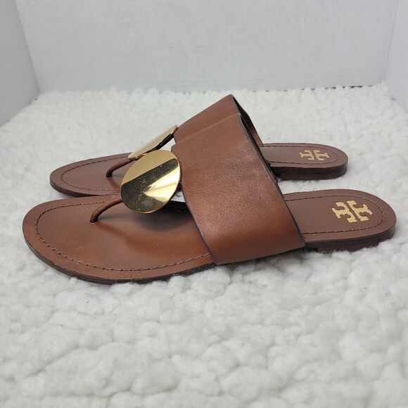 m85502740258_1.jpg Tory Burch Patos Disk Womens Flip Flops Sandals Size 8.5 Brown Leather
